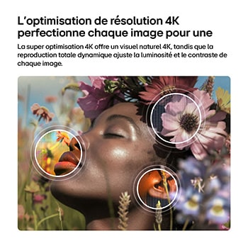 LG NANO 4K UHD AI nu85 enables 4K Super Upscaling with Dynamic Tone Mapping, showing a close-up portrait with flowers as AI refines each frame to enhance skin texture, fine details, and natural color up to 4K resolution.
